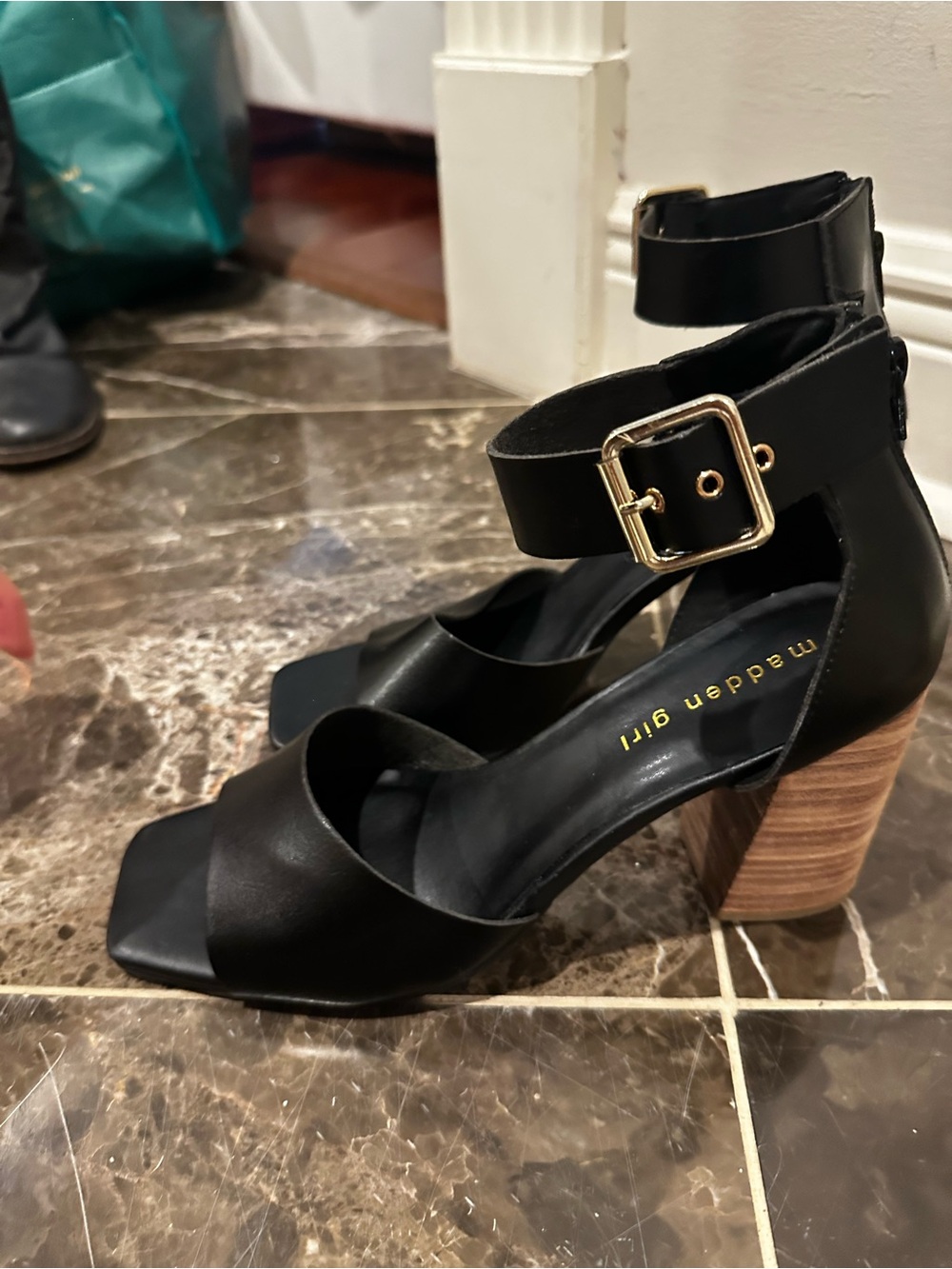 Madden Girl Black Ankle-Strap Block Heel Sandals with Wood-Effect Heel